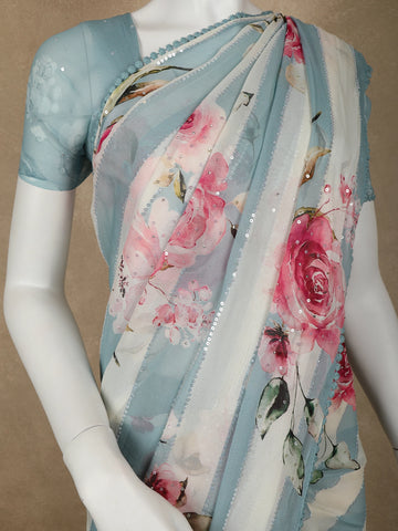 Blue and White Striped and Floral Printed Chiffon Saree - Diadem