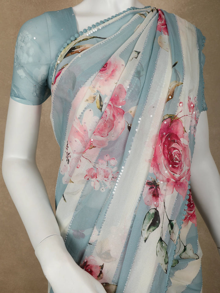 Blue and White Striped and Floral Printed Chiffon Saree - Diadem