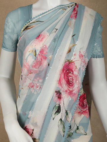 Blue and White Striped and Floral Printed Chiffon Saree - Diadem