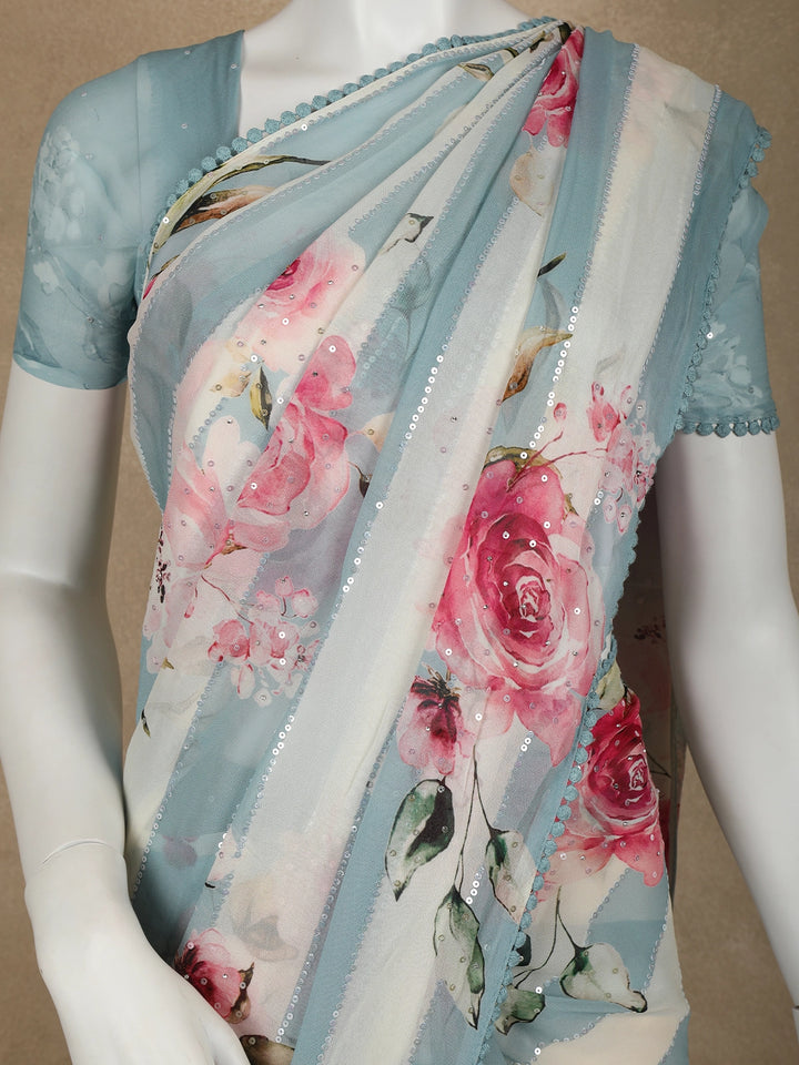 Blue and White Striped and Floral Printed Chiffon Saree - Diadem