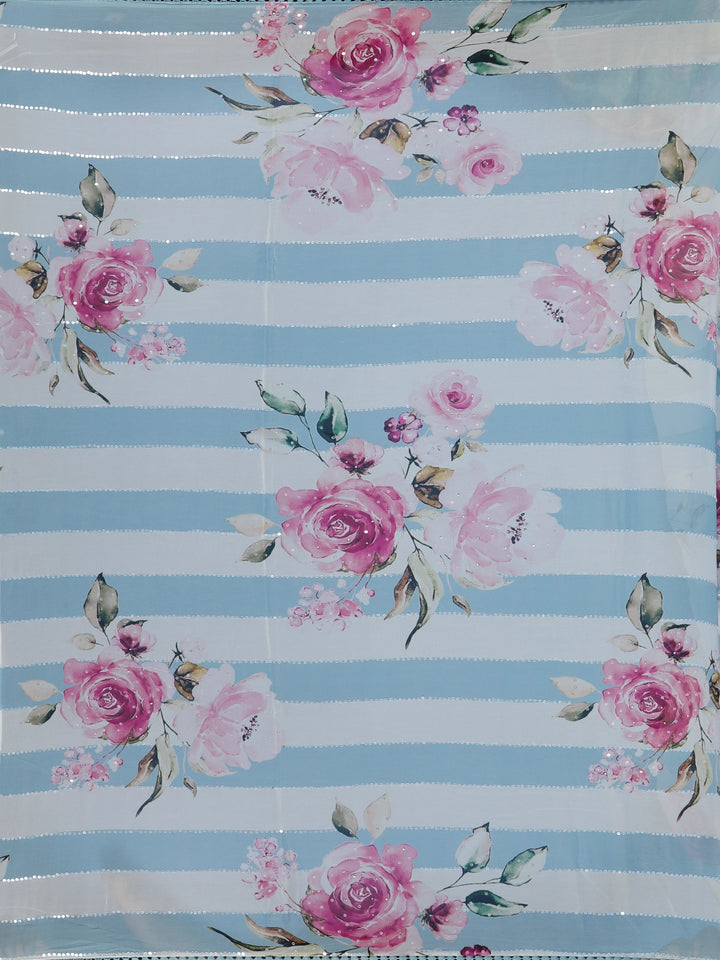 Blue and White Striped and Floral Printed Chiffon Saree - Diadem