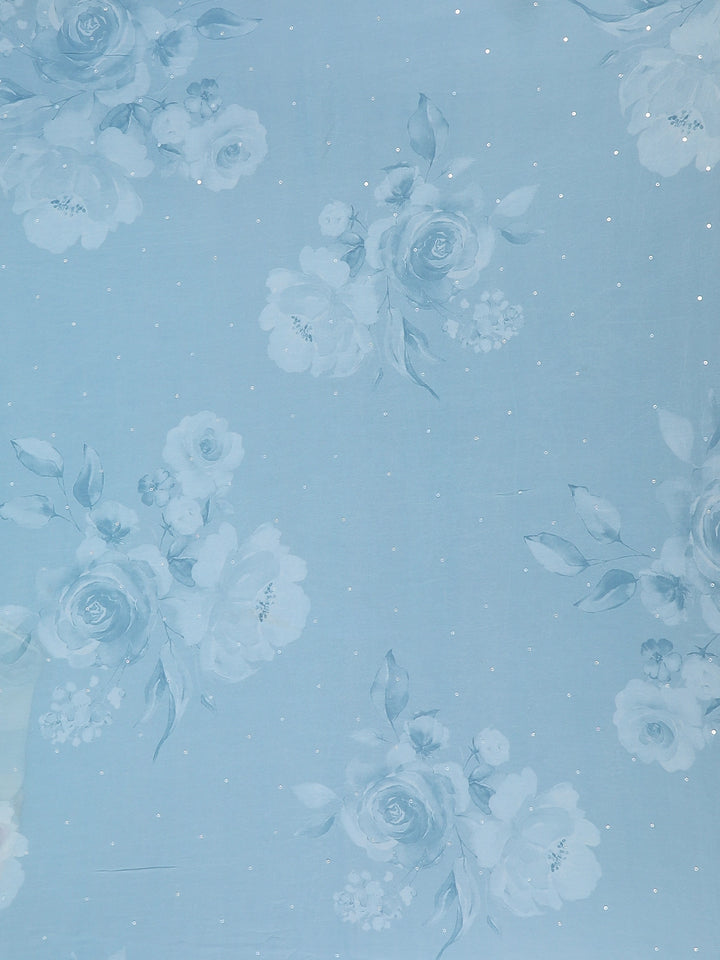 Blue and White Striped and Floral Printed Chiffon Saree - Diadem