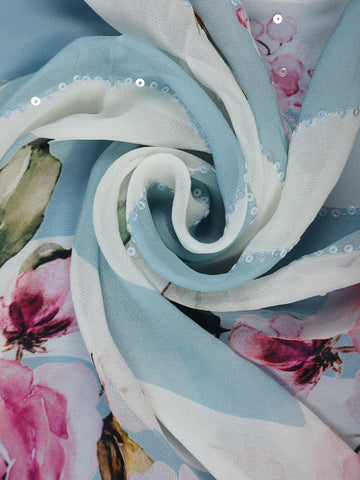 Blue and White Striped and Floral Printed Chiffon Saree - Diadem