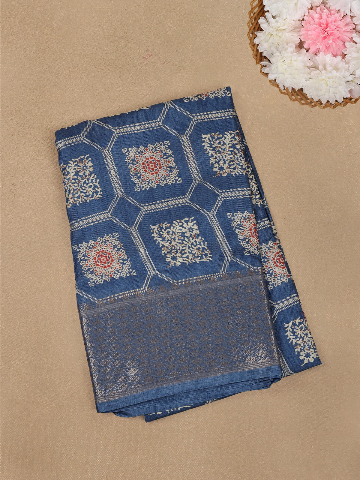 Blue with Beige and Red Printed Motifs Cotton Saree - Diadem