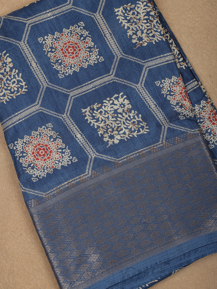 Blue with Beige and Red Printed Motifs Cotton Saree - Diadem