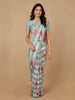 Blue and White Striped and Floral Printed Chiffon Saree
