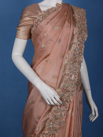 Blush Peach Peacock Woven Banarasi Silk Saree With Heavy Embroidered Border - Diadem