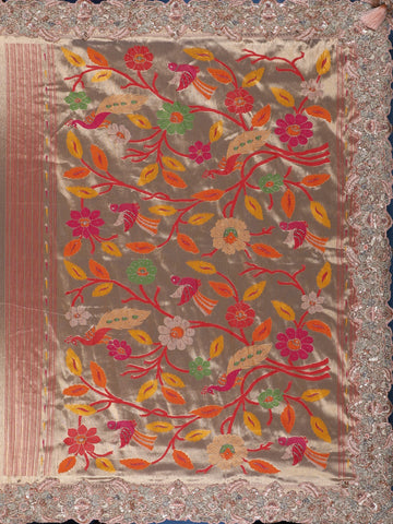 Blush Peach Peacock Woven Banarasi Silk Saree With Heavy Embroidered Border - Diadem