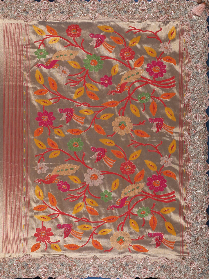 Blush Peach Peacock Woven Banarasi Silk Saree With Heavy Embroidered Border - Diadem