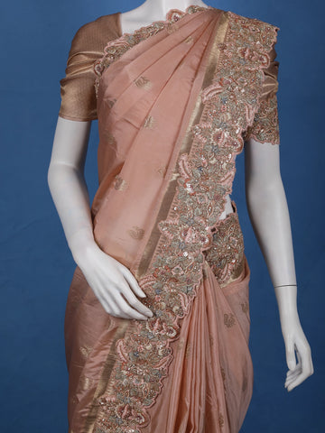 Blush Peach Peacock Woven Banarasi Silk Saree With Heavy Embroidered Border - Diadem