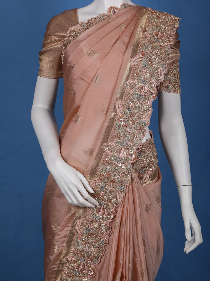 Blush Peach Peacock Woven Banarasi Silk Saree With Heavy Embroidered Border - Diadem