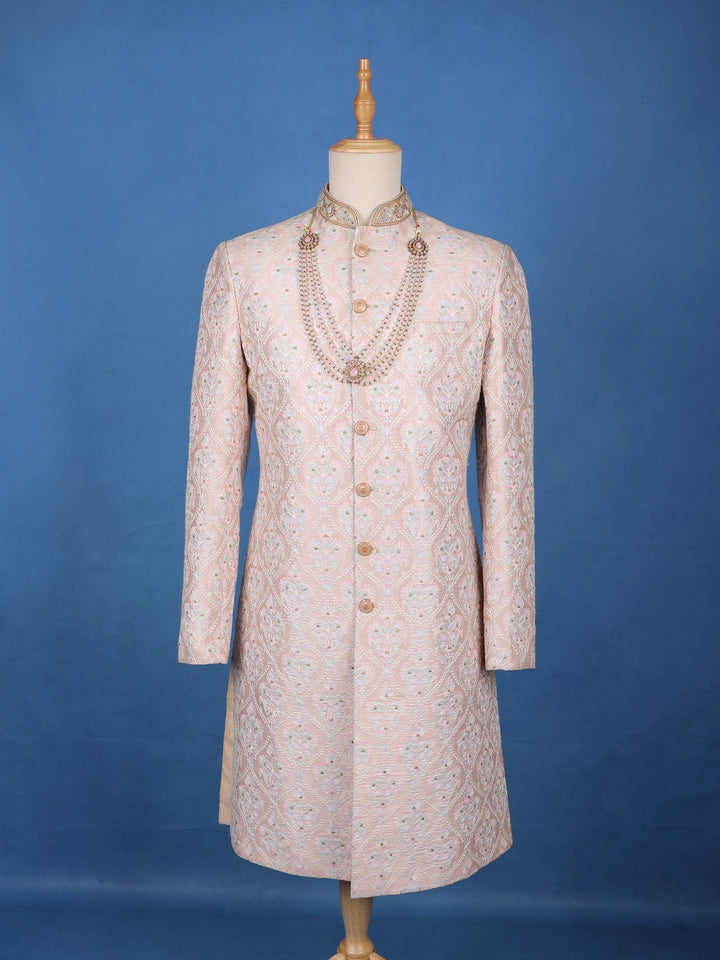 Blush Pink Floral Embroidered Cotton Sherwani - Diadem