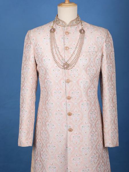 Blush Pink Floral Embroidered Cotton Sherwani - Diadem