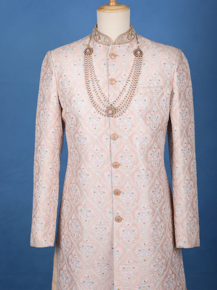 Blush Pink Floral Embroidered Cotton Sherwani - Diadem