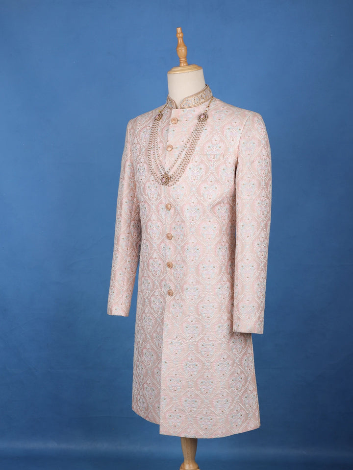 Blush Pink Floral Embroidered Cotton Sherwani - Diadem