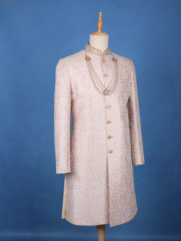 Blush Pink Floral Embroidered Cotton Sherwani - Diadem