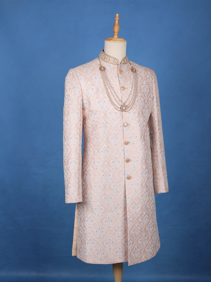 Blush Pink Floral Embroidered Cotton Sherwani - Diadem
