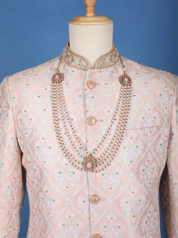 Blush Pink Floral Embroidered Cotton Sherwani - Diadem