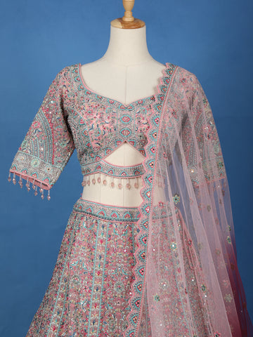 Blush Pink Floral Embroidered Net Lehenga for Brides - Diadem