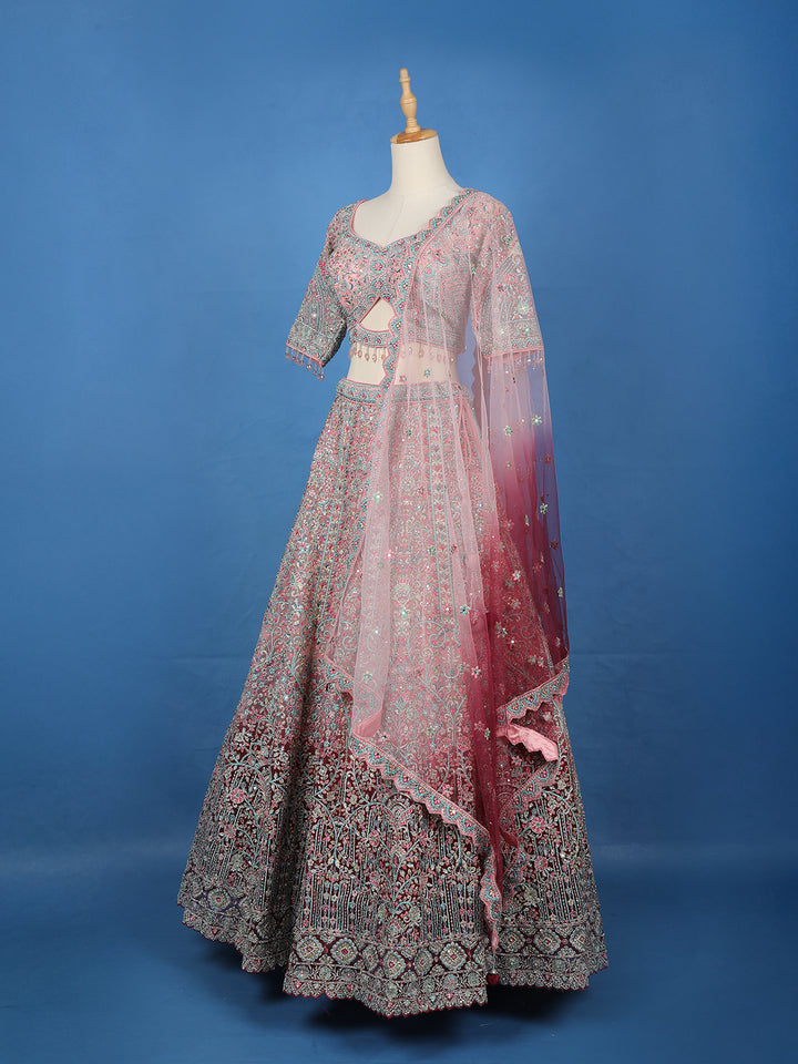Blush Pink Floral Embroidered Net Lehenga for Brides - Diadem