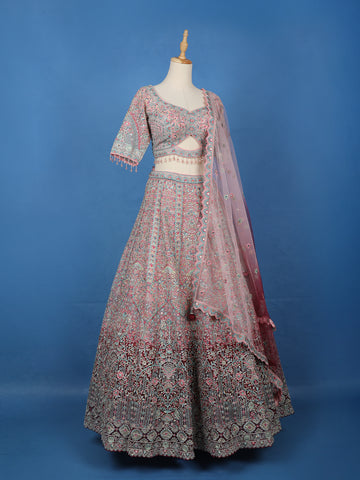 Blush Pink Floral Embroidered Net Lehenga for Brides - Diadem