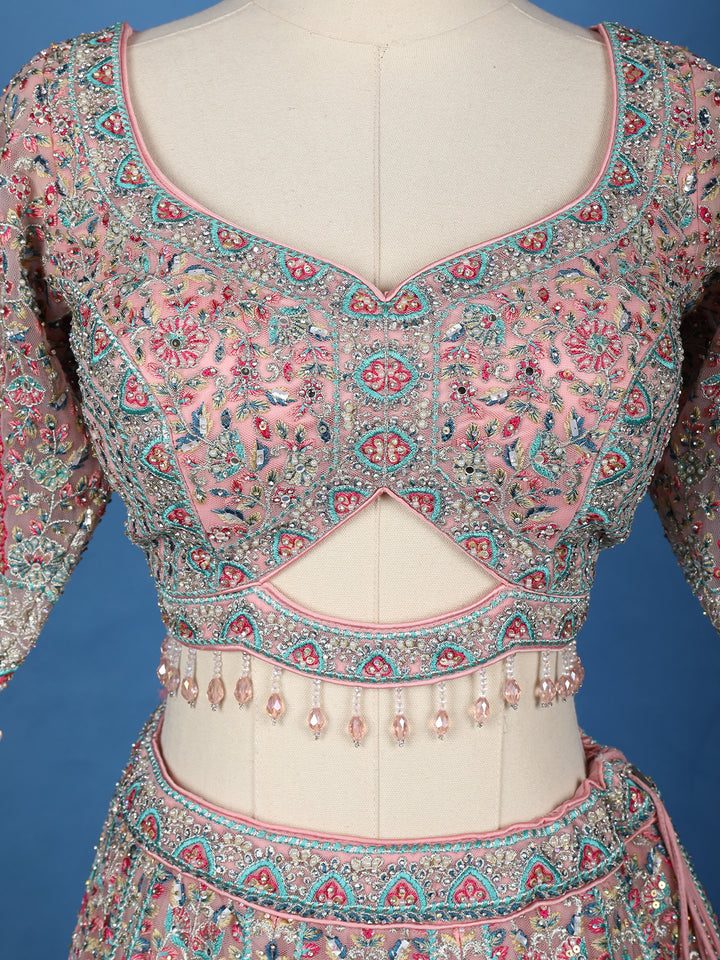 Blush Pink Floral Embroidered Net Lehenga for Brides - Diadem