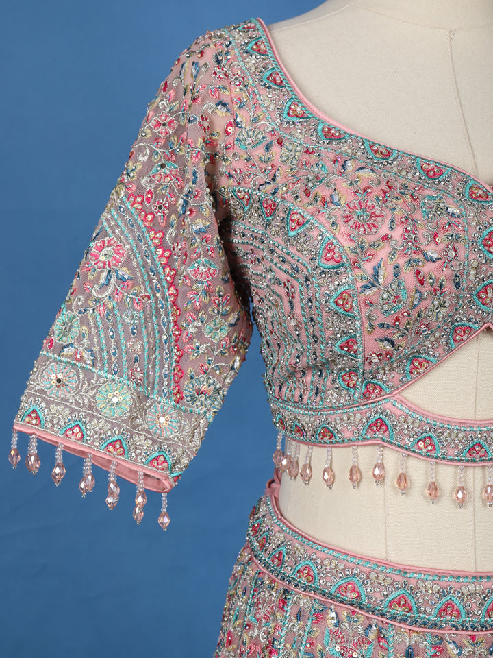 Blush Pink Floral Embroidered Net Lehenga for Brides - Diadem