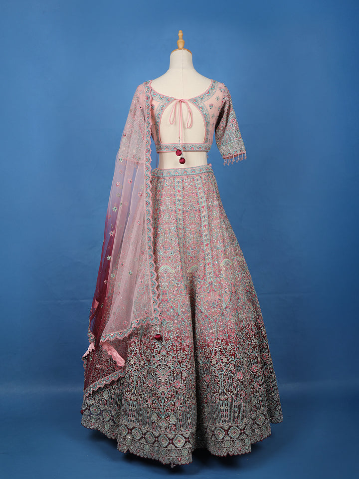 Blush Pink Floral Embroidered Net Lehenga for Brides - Diadem