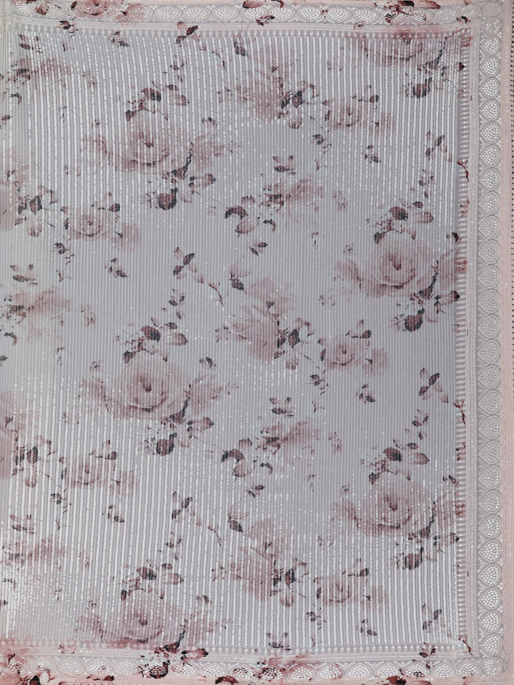Blush Pink Floral Print Sequin Design Chiffon Saree - Diadem