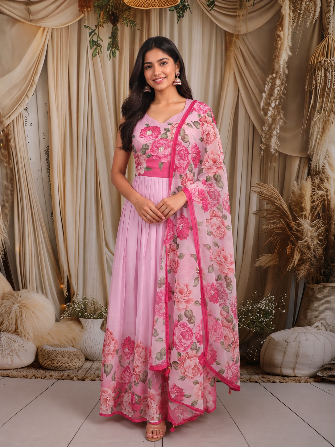 floral chiffon anarkali dress Dark Blue Floral Chiffon Anarkali With Dupatta