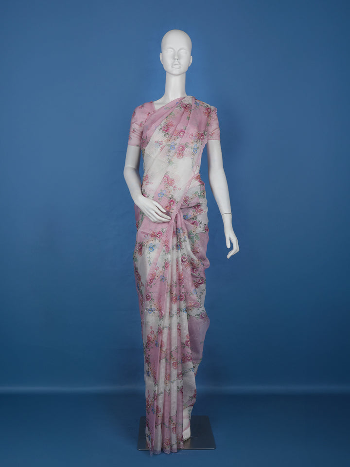 Blush Pink Floral Printed Kota Cotton Saree - Diadem