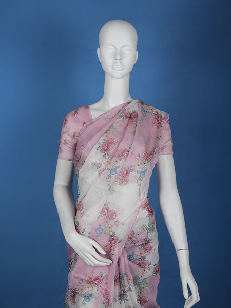 Blush Pink Floral Printed Kota Cotton Saree - Diadem