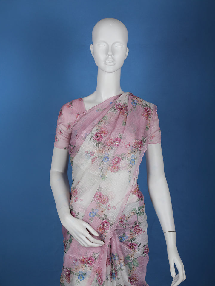 Blush Pink Floral Printed Kota Cotton Saree - Diadem