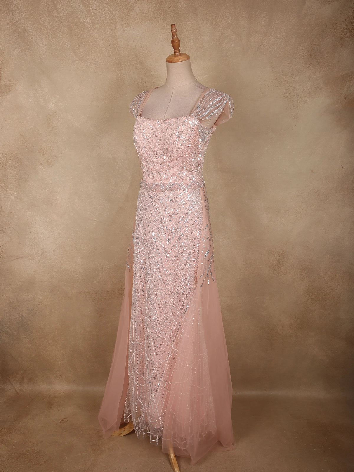 Blush Pink Heavy Sequins and Beads Embroidered Design Floor Length Net Gown 