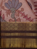 Blush Pink Kalamkari Printed Chanderi Cotton Saree with Contrast Brown Border