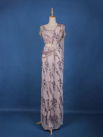 Blush Pink Sequins Design Net Ready To Wear Saree With Designer Blouse - Diadem