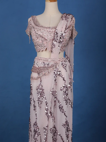 Blush Pink Sequins Design Net Ready To Wear Saree With Designer Blouse - Diadem