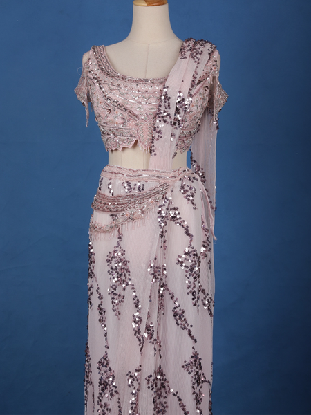 Blush Pink Sequins Design Net Ready To Wear Saree With Designer Blouse - Diadem