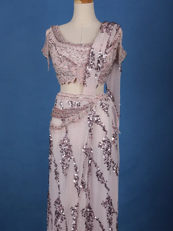Blush Pink Sequins Design Net Ready To Wear Saree With Designer Blouse - Diadem
