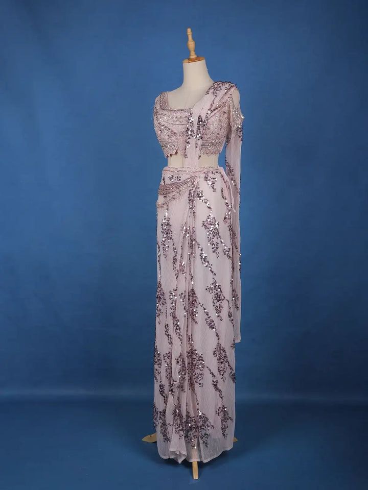 Blush Pink Sequins Design Net Ready To Wear Saree With Designer Blouse - Diadem