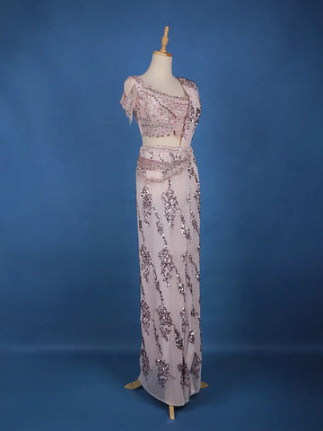 Blush Pink Sequins Design Net Ready To Wear Saree With Designer Blouse - Diadem