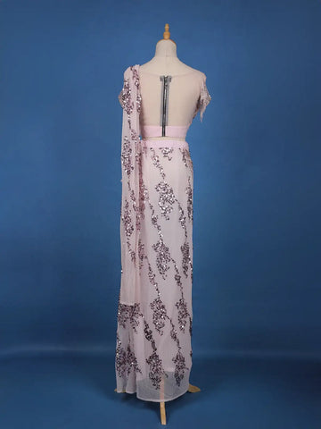 Blush Pink Sequins Design Net Ready To Wear Saree With Designer Blouse - Diadem