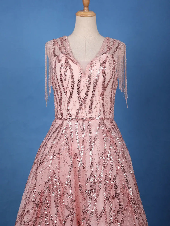 Blush Pink Sequin Embellished Net Gown with Beaded Tassel Sleeves - Diadem