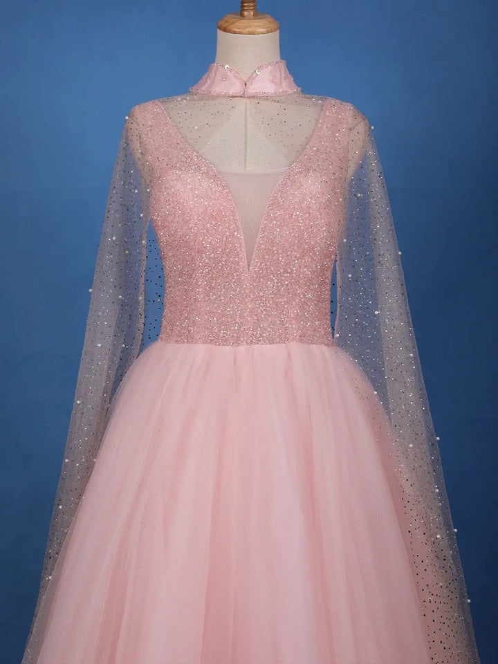 Blush Pink Sequins Designed Net Gown with Pearl Cape Sleeves - Diadem