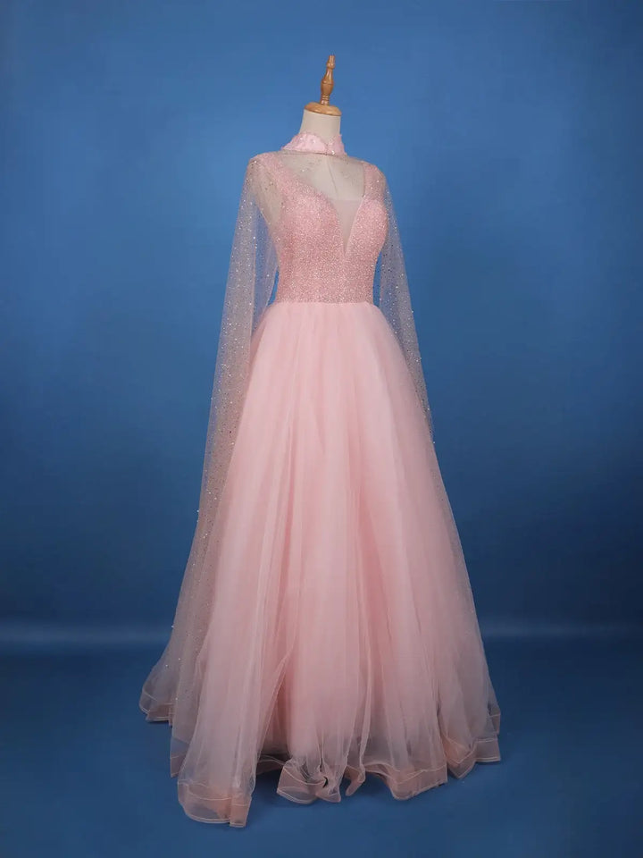 Blush Pink Sequins Designed Net Gown with Pearl Cape Sleeves - Diadem