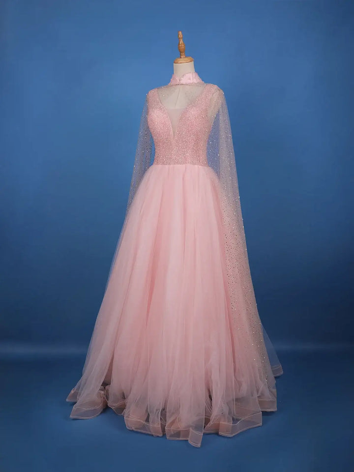 Blush Pink Sequins Designed Net Gown with Pearl Cape Sleeves - Diadem