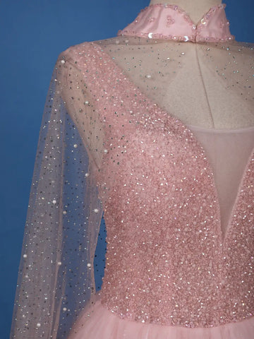 Blush Pink Sequins Designed Net Gown with Pearl Cape Sleeves - Diadem