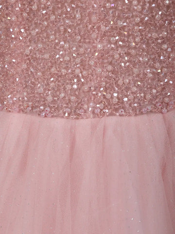 Blush Pink Sequins Designed Net Gown with Pearl Cape Sleeves - Diadem