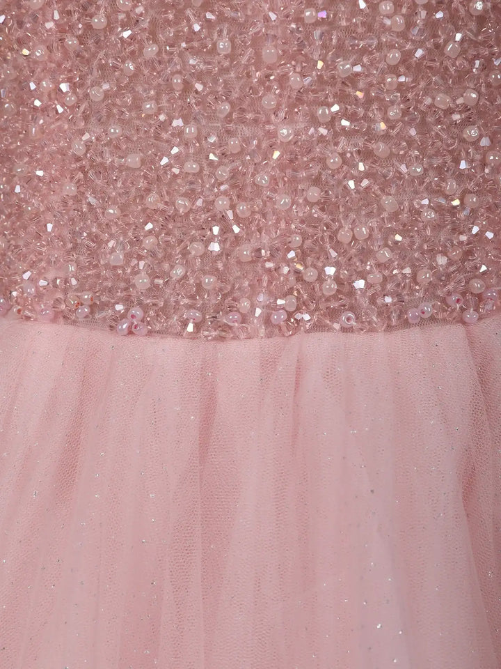 Blush Pink Sequins Designed Net Gown with Pearl Cape Sleeves - Diadem