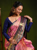 Soft Blush Pink Traditional Checked Zari Woven Design Pure Kanchipuram Silk Bridal Saree with Contrast Jacquard Weaving Zari Border
